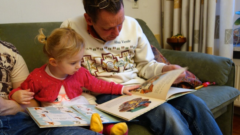 Image is of a toddler girl reading a book with her father.